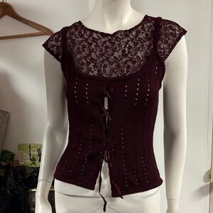 Moda International Y2K Lace-Up Burgundy Top Small